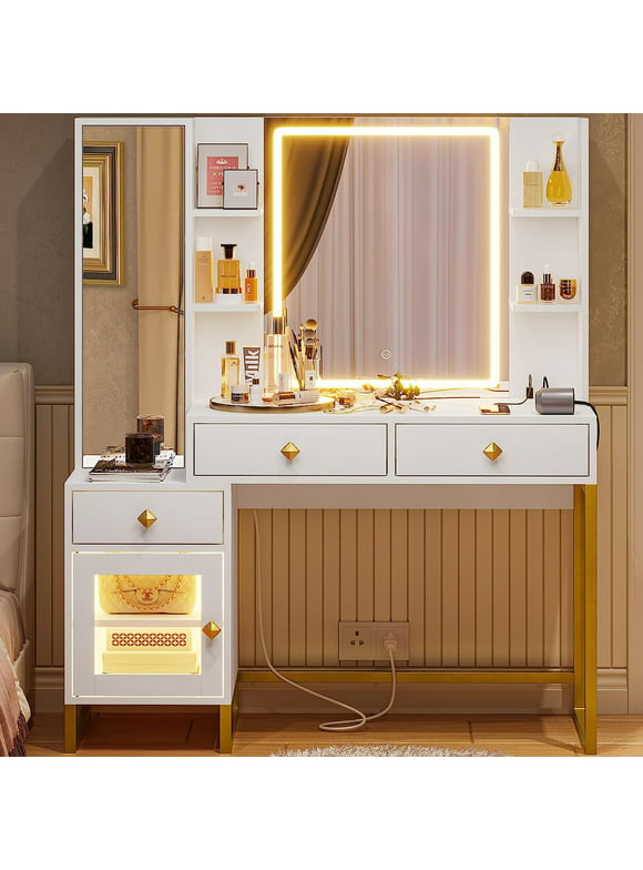 Vanity Desk with Full Length Mirror and Lights, Makeup Vanity with Charging Station and Ambient Light, White