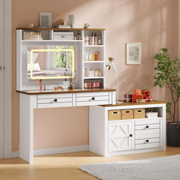 Vanity Desk with Glass Top & Charging Station, Touch Screen Mirror and Lights, Makeup Vanity with 5-Drawer, 6 Open Storage Shelves, Antique White