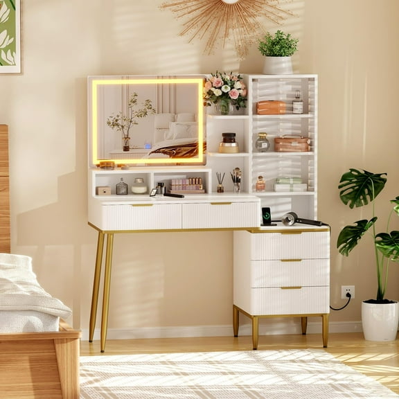 Vanity Desk with HD Lighted Mirror and Power Outlet, Dressing Table with 5 Drawers and Storage Shelf, Makeup Dressing Table for Women (2 Boxes)