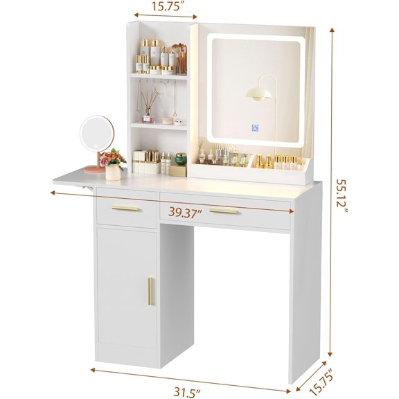 Vanity Desk with LED Light Mirror and Foldable Design, 31.5" to 39.3" Makeup Table with 5 Drawers and Shelves for Bedroom, White