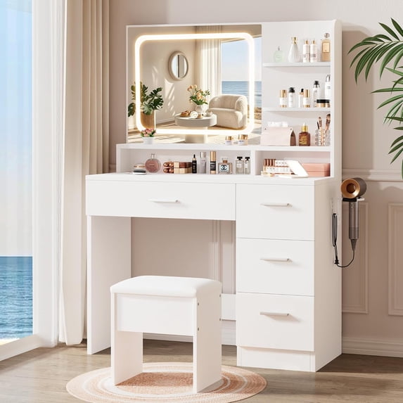 Vanity Desk with LED Lighted Mirror & Power Outlet,Makeup Vanity Table, White