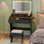 Vanity Desk with LED Lighted Mirror & Wireless Charging Station, Makeup Vanity Table with 5 Drawers & Cushioned Stool for Bedroom