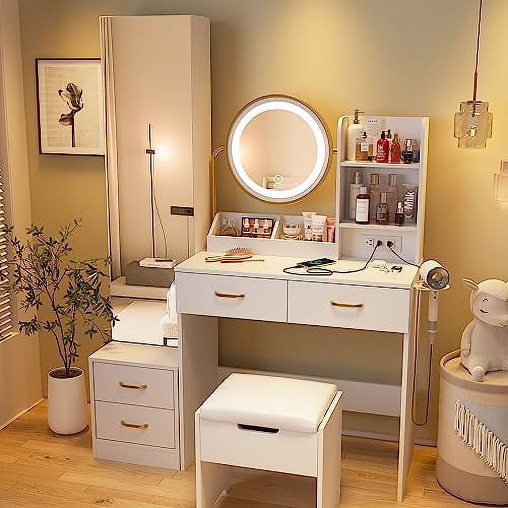 Vanity Desk with LED Lighted Round Mirror & Full Length Mirror