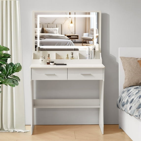 Vanity Desk with LED Mirror, Bedroom Makeup Table with 2 Large Drawers, White