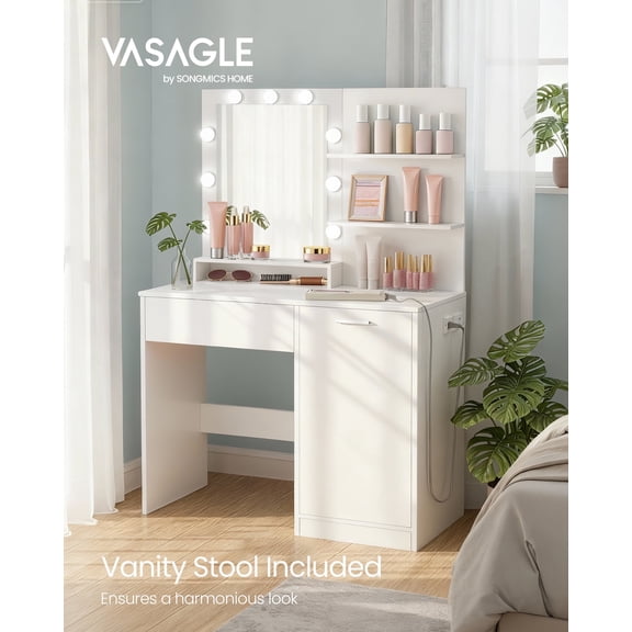 VASAGLE Kailyn Collection - Vanity Desk with Power Outlets and LED Lights, 35.4-Inch Wide Makeup Table with Mirror, Drawer and Cabinet, for Bedroom, Cloud White