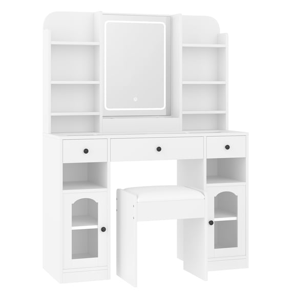 Vanity Desk with LED Mirror, RGB Glass Cabinets & Stool