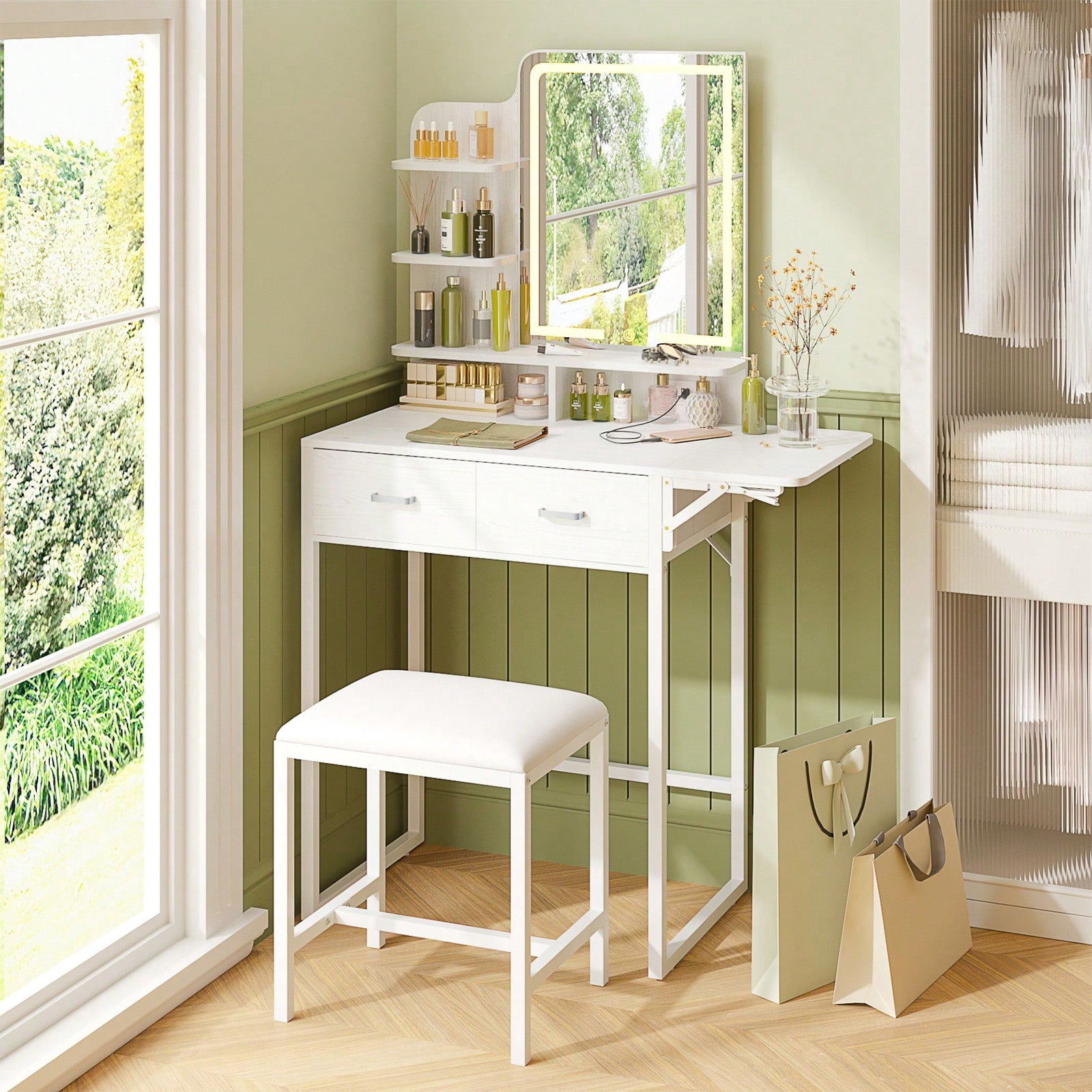 Vanity Desk with LED Mirror, USB Power & Stool – Drawers & Organizer ...