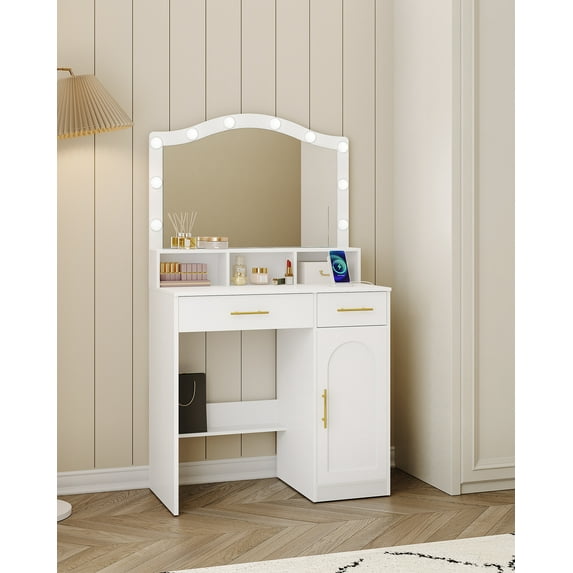 Vanity Desk with Large Lighted Mirror & Power Outlet, Makeup Vanity Table ,Drawers & Storage Cabinet