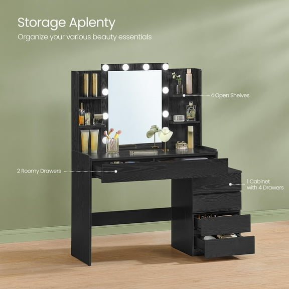 Vanity Desk with Mirror and LED Lights, Makeup Vanity with 6 Drawers, Vanity Table with 4 Open Shelves, 10 Dimmable LED Lights, Black