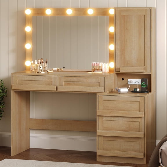 Vanity Desk with Large Mirror and Lights, Makeup Vanity with Charging Station, Makeup Table with 5 Drawers & Dustproof Cabinet, Natural Oak