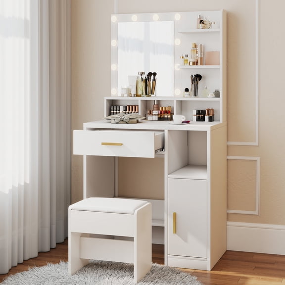 Vanity Desk with Lighted Mirror Makeup Desk with 10 Dimmable 3 Color Bulbs Drawers Cabinet Shelves Stool for Bedroom Dressing Room