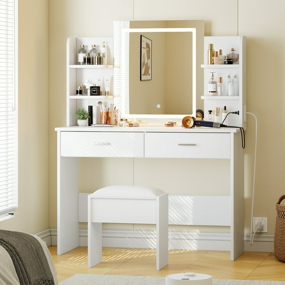 Vanity Desk with Lighted Mirror&Power Outlet Makeup Vanity Set with Cushioned Stool Ample Storage Space for Bedroom Living Room