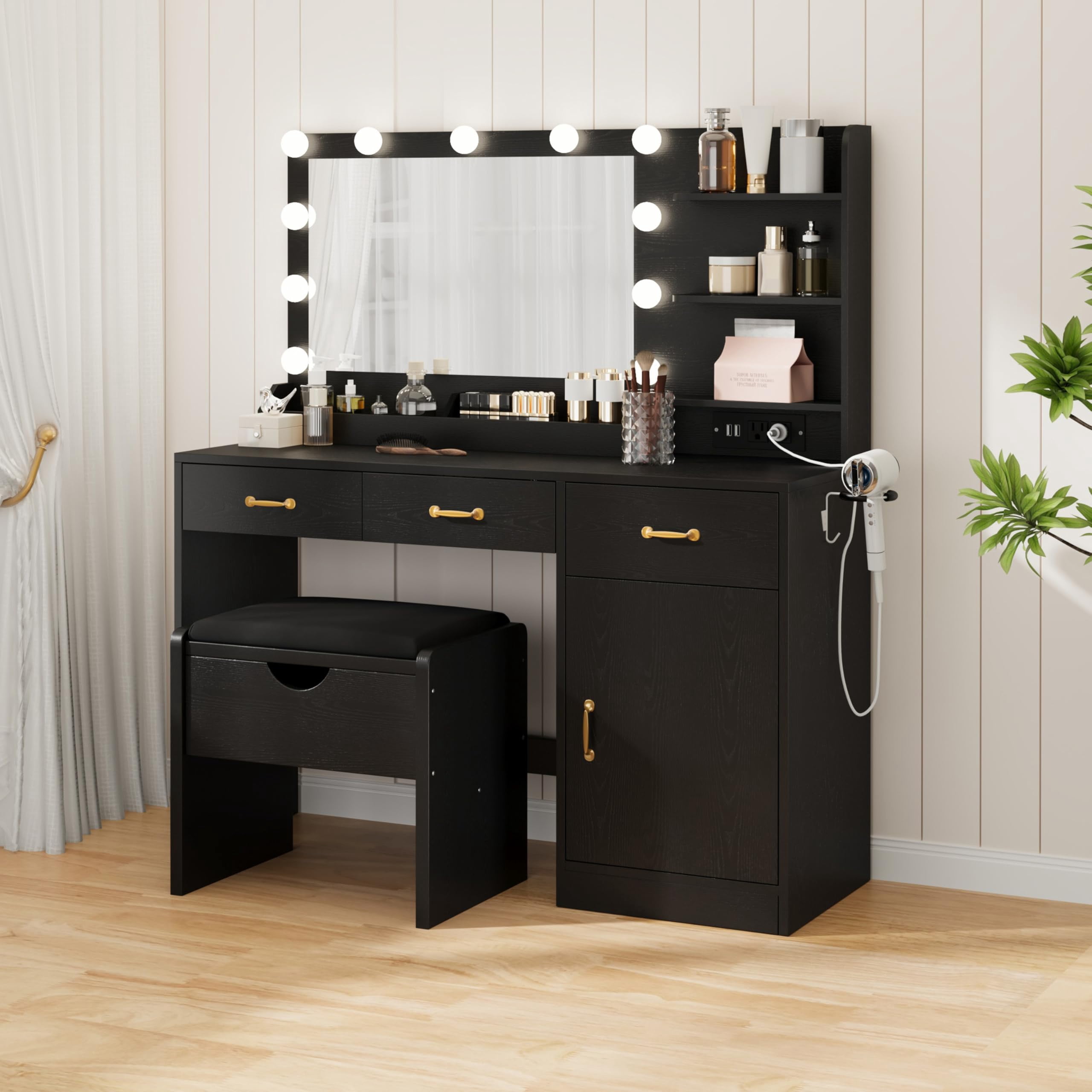 Vanity Desk with Lighted Mirror & Power Outlet, Modern Makeup Vanity Table with Drawers, Cabinets & Stool for Bedroom