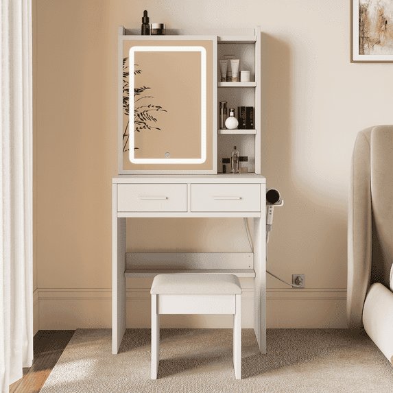 Vanity Desk with Lighted Mirror & Power Outlets, White Makeup Vanity Set with Chair, 3 Color Lighting Modes, 2 Drawers & Storage Shelves for Bedroom