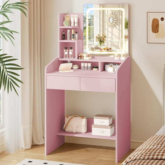 Vanity Desk with Lighted Mirror Set of 2, Pink