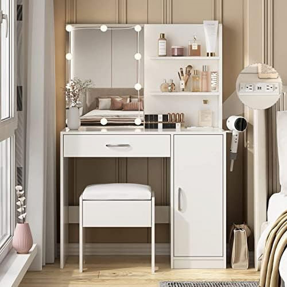 Vanity Desk with Lighted Mirror & Power Strip Vanity Table with Lights
