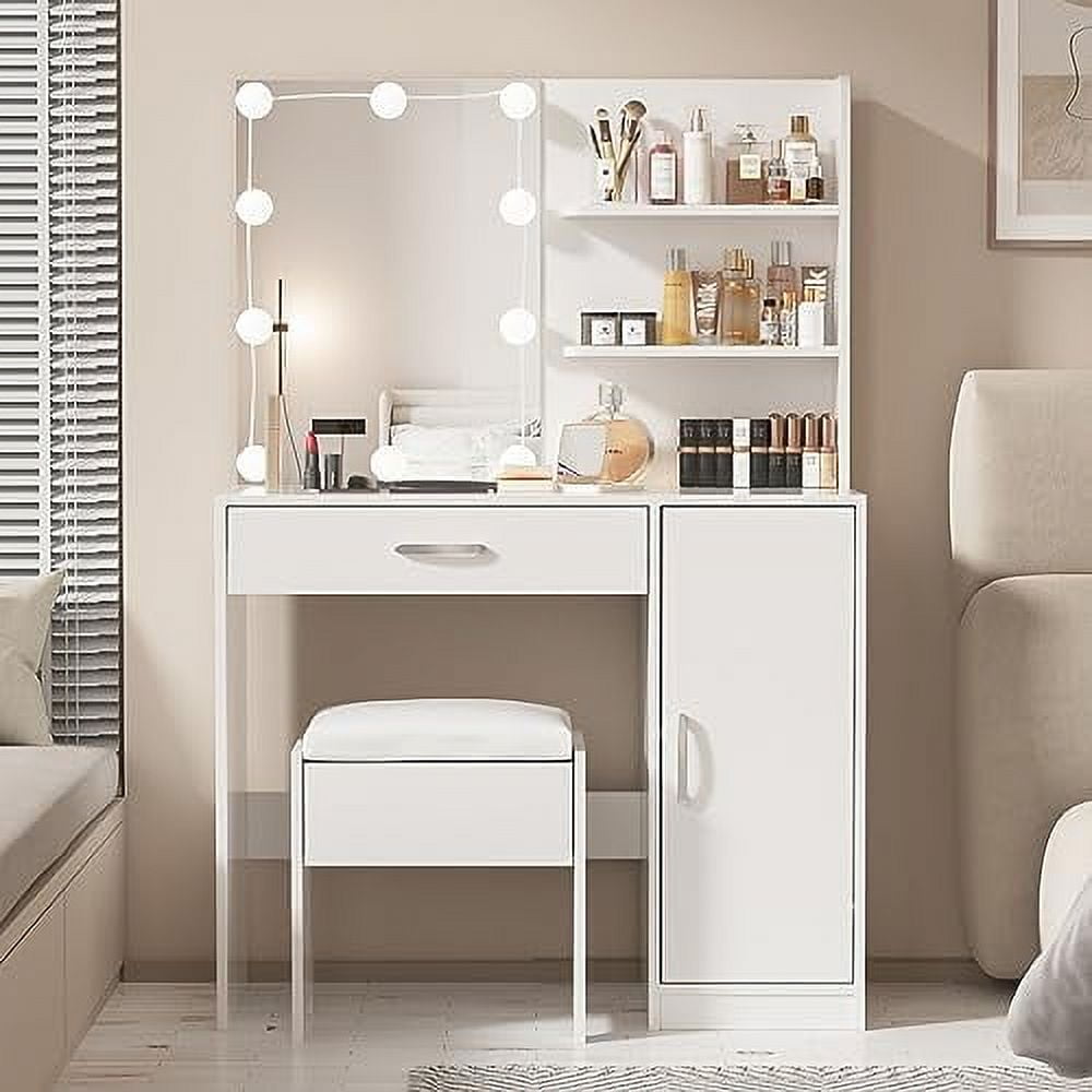 Vanity Desk with Lighted Mirror & Power Strip Vanity Table with Lights