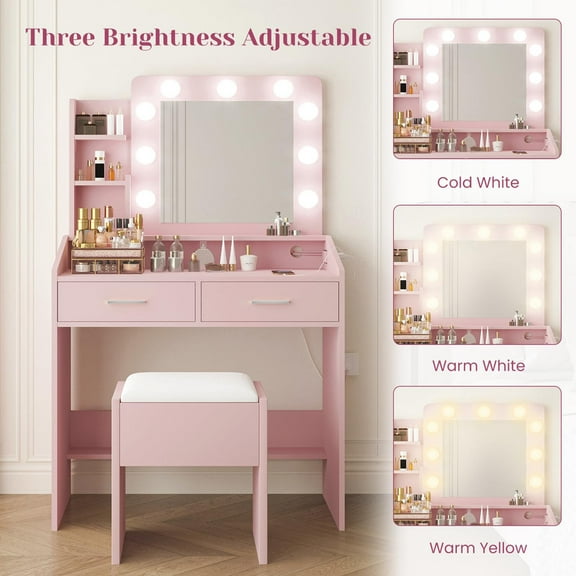 Vanity Desk with Lights, White Makeup Table with Mirror, 3 Light Modes, 2 Drawers & Stool
