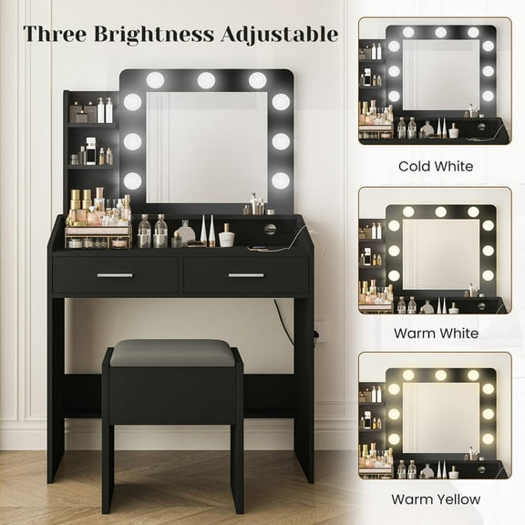 Vanity Desk with Lights, White Makeup Table with Mirror, 3 Light Modes, 2 Drawers & Stool