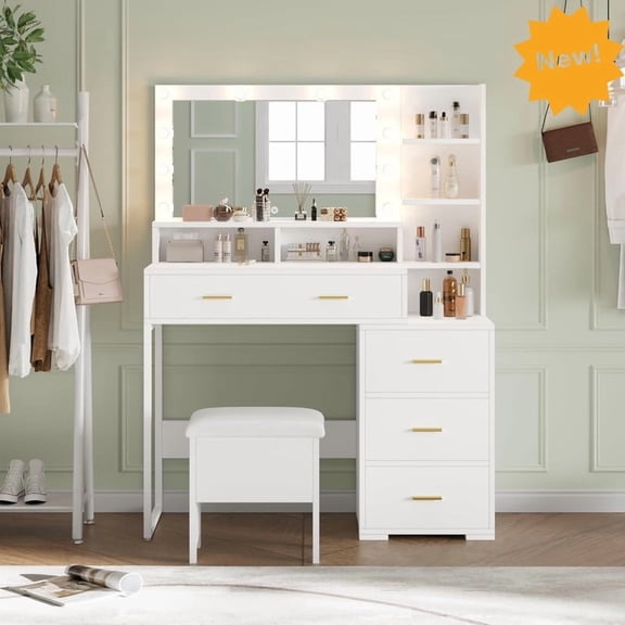 Vanity Desk with Mirror & 9 LED Lights, 5 Large Drawers and 3 Open Shelves, Modern White Makeup Vanity Table with Storage for Bedroom