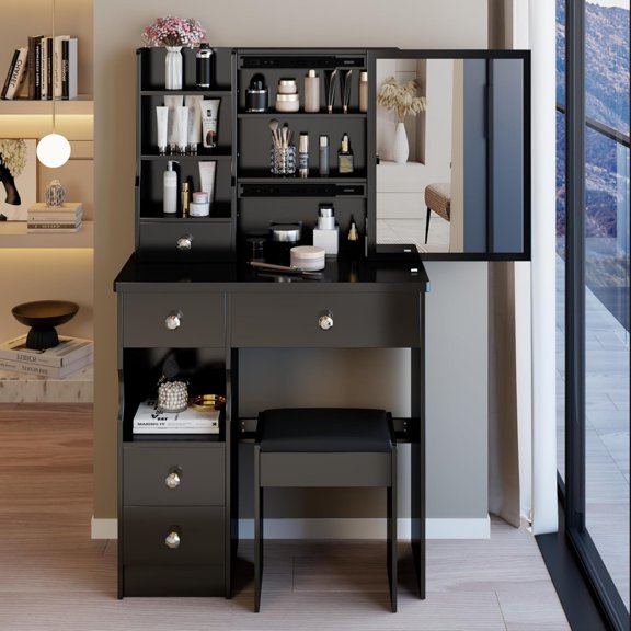 Vanity Desk with Mirror & Cushioned Stool, 29.2'' Makeup Dressing Table Set with 5 Drawers for Tiny Bedrooms, Dorms, Apartments,Balck