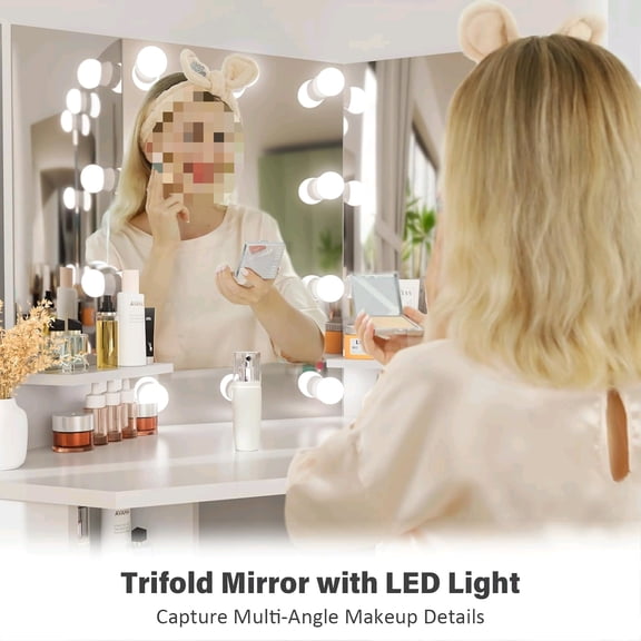 Vanity Desk with Mirror & Lights, White Makeup Desk with 5 Drawers, Corner Vanity Dressing for Bedroom Woman Girls$$Home Decor, Kitchen, & Other