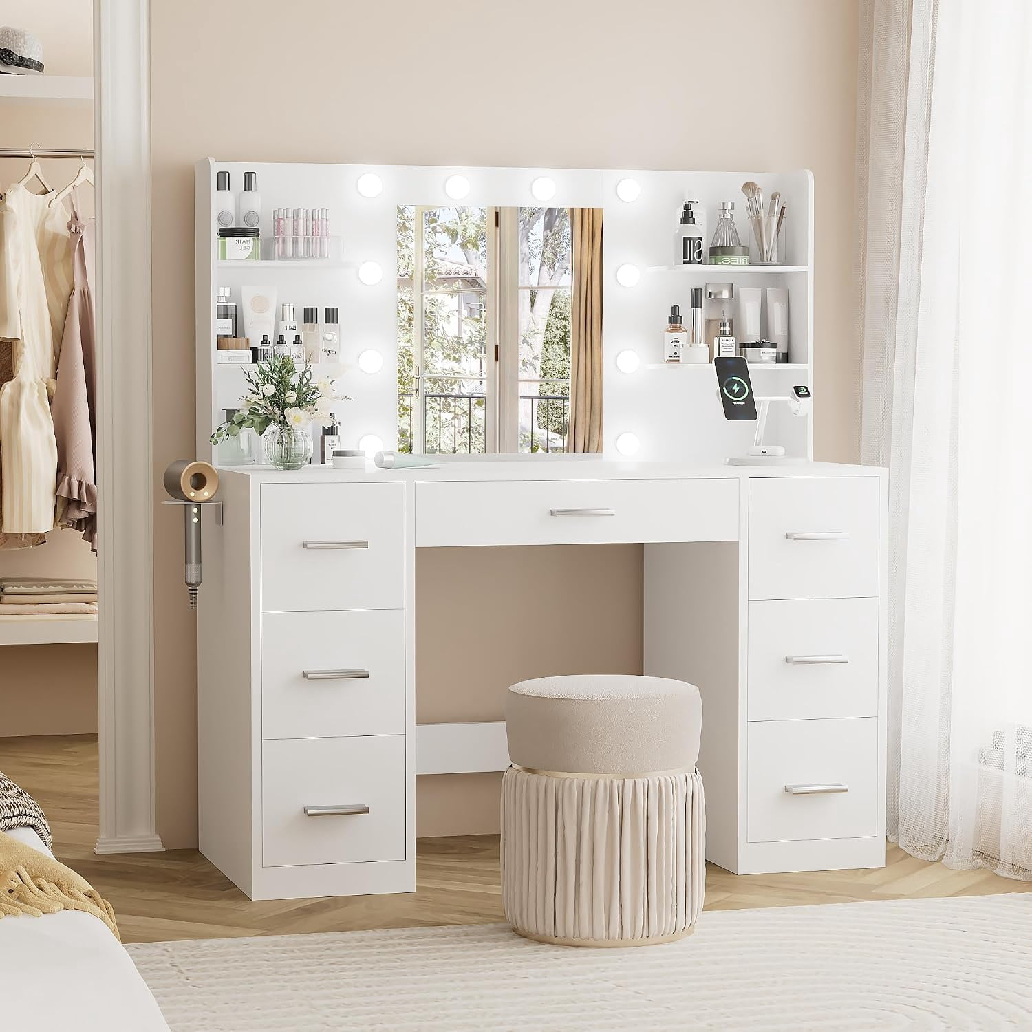 Vanity Desk with Mirror, Outlet, 10 Lights & 7 Drawers, Pure White