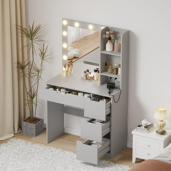 Vanity Desk with Mirror & Power Outlet, 3 Lighting Colors Vanity Desk with 4 Drawers & 12 Bulbs, Modern Dressing Table for Bedroom (Gray)
