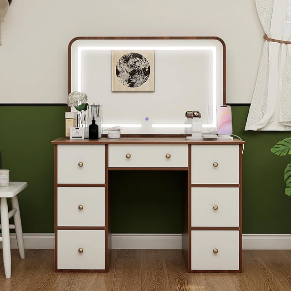Vanity Desk with Mirror, Power Outlet, Cuoote Makeup Vanity with 9 Drawers and 3 Adjustable LED Lights, Yellow Walnut Dressing Table for Bedroom