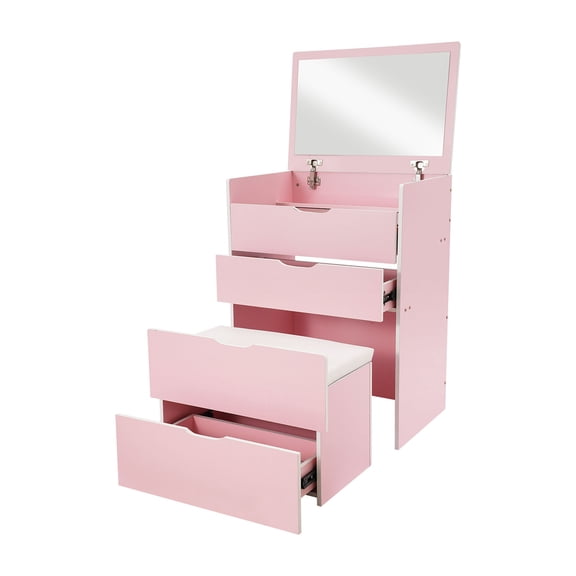 Vanity Desk with Mirror, Small Makeup Vanity with 3 Drawers, Corner Vanity Set with Soft Stool Pink