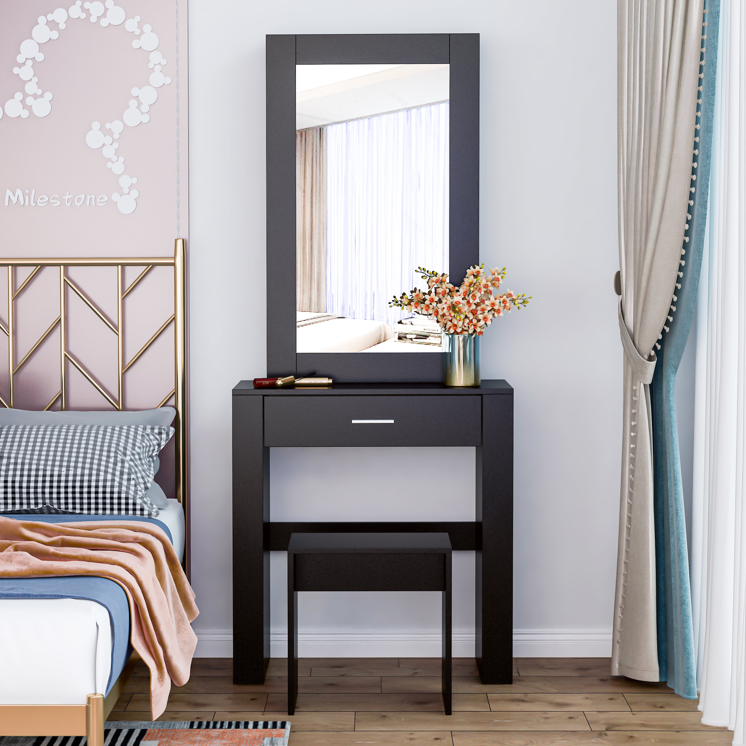 Vanity Desk with Mirror & Stool, Black Makeup Table with Storage