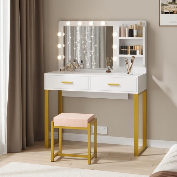 Vanity Desk with Mirror and 10 Lights, 3 Color Modes, 2 Drawers & Stool, Makeup Dressing Table for Bedroom, Modern Storage Vanity Set, White, 39“ W