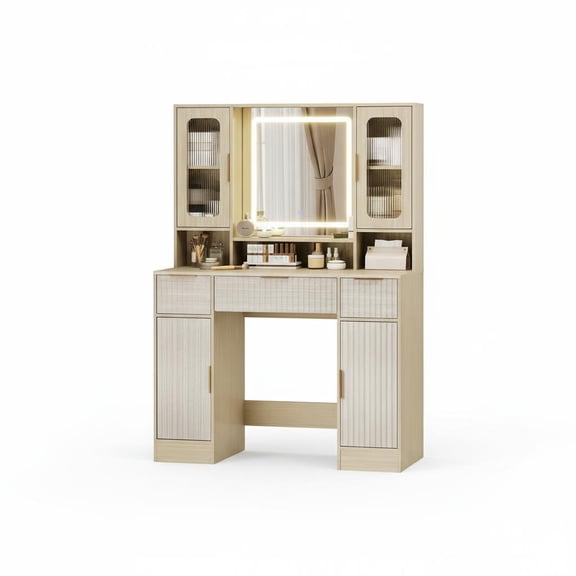 Vanity Desk with Mirror and Adjustable LED Lights - 2 Glass Cabinets, 2 Spacious Cabinets, 3 Wavy Drawers - Makeup Dressing Table for Bedroom