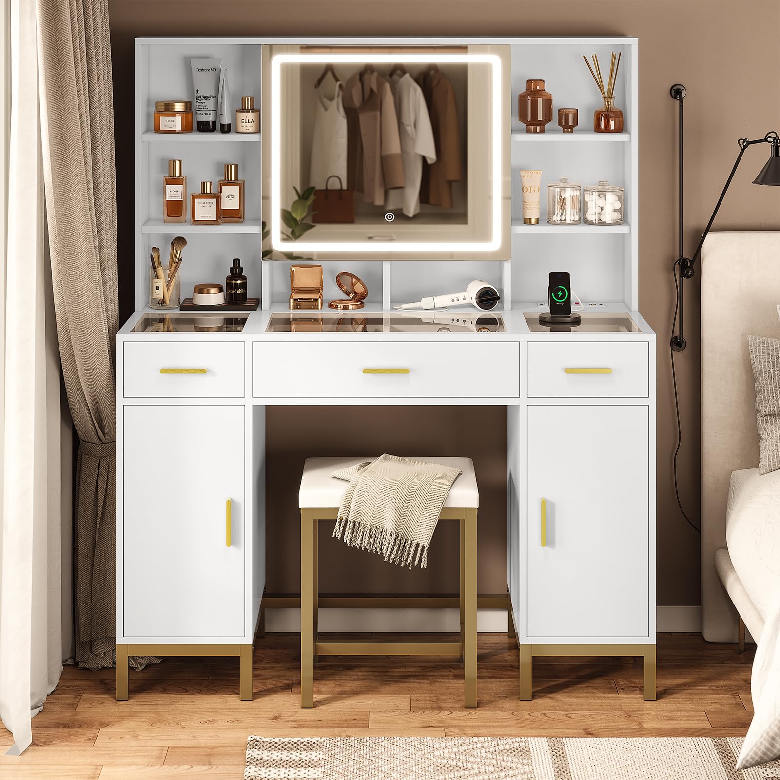 Vanity Desk with Mirror and Charging Station, Makeup Desk with 3