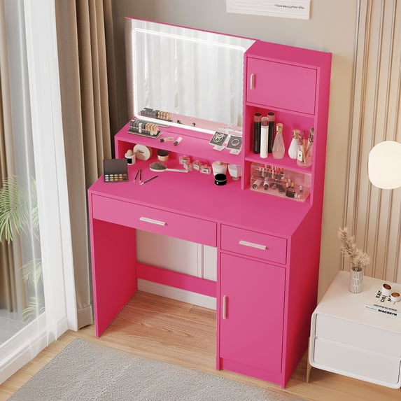 Vanity Desk with Mirror and LED Light Strip, 3 Level Storage Dresser, Adjustable Brightness for Bedroom,Rose Pink