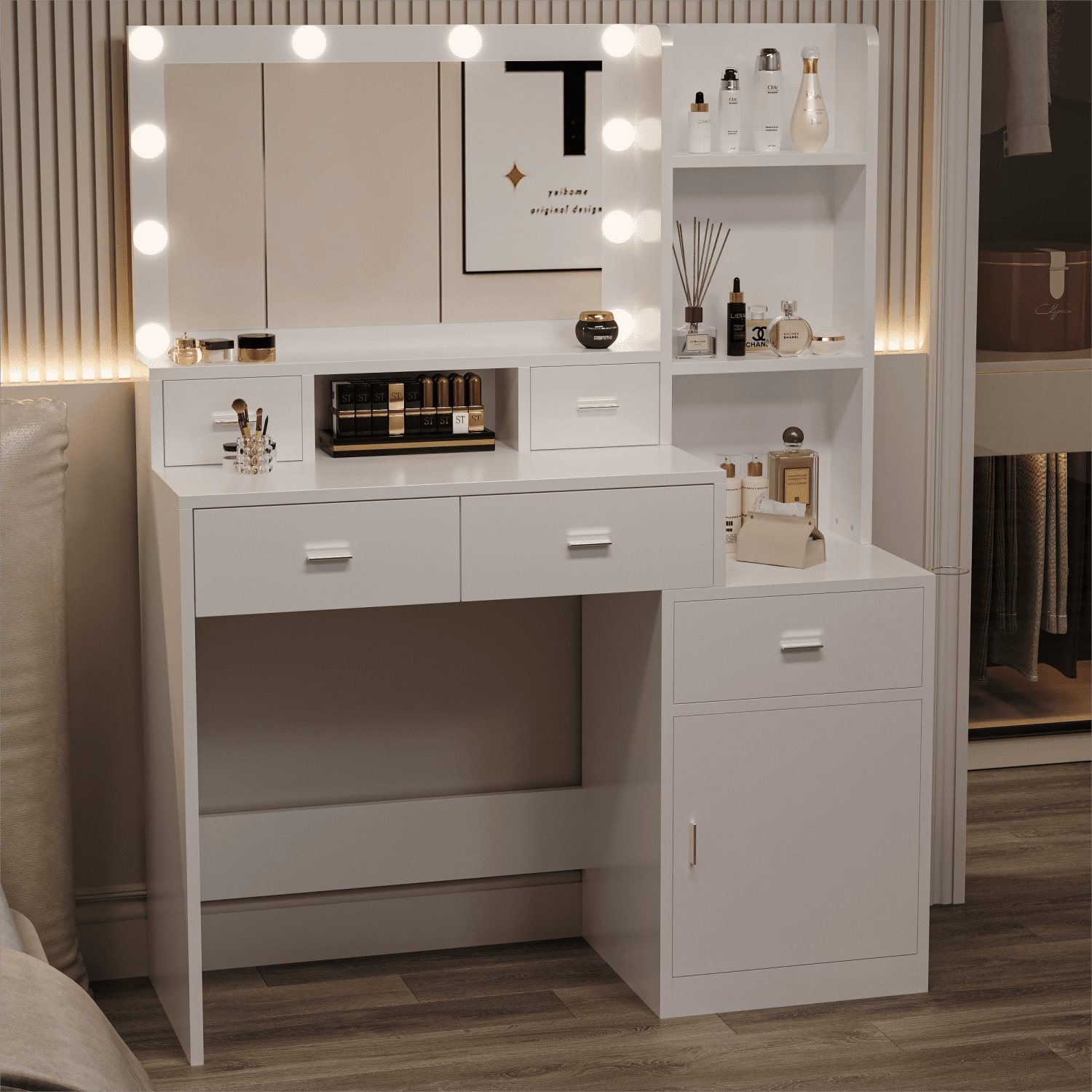 Vanity Desk with Mirror and Light, White Makeup Table with Nightstand ...