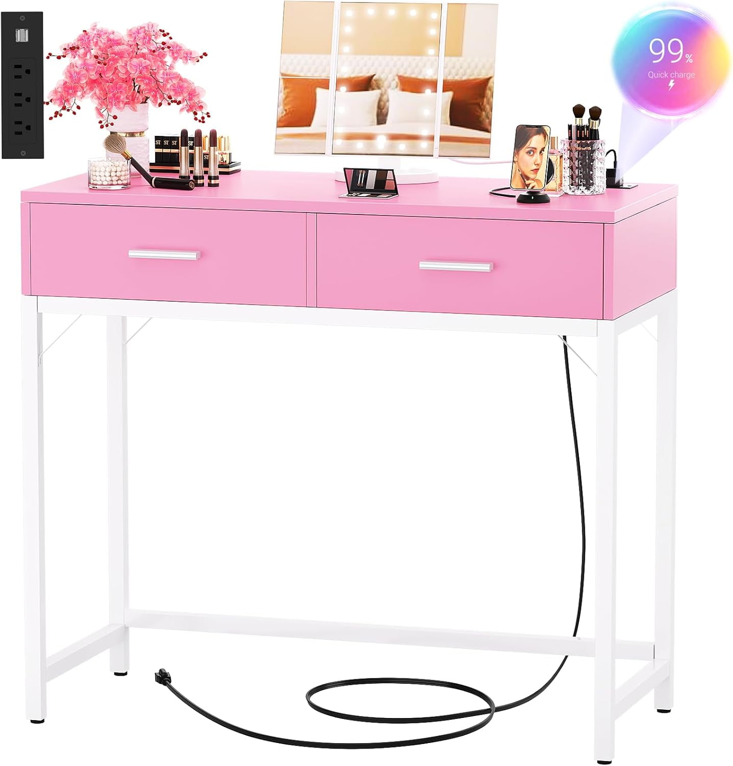 Vanity Desk with Mirror and Lights, 36'' Makeup Vanity Desk with Power Outlet, Small Vanities Set Dressing Table with Drawers for Bedroom, Pink