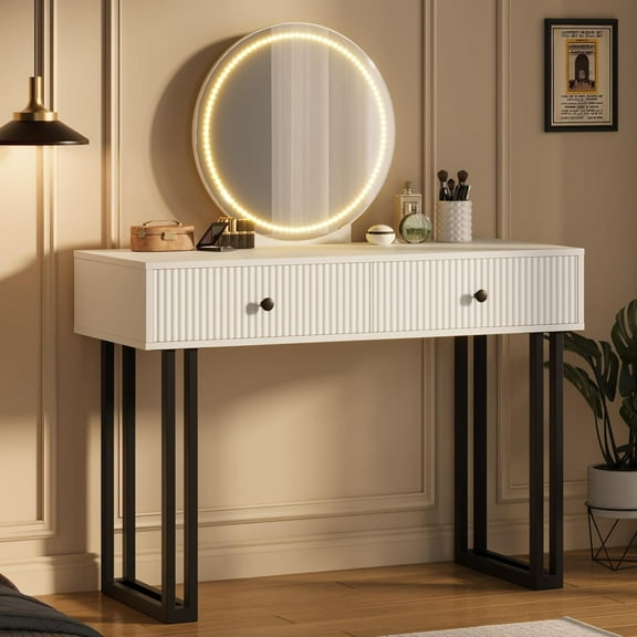 Vanity Desk with Mirror and Lights, 49.2”h Makeup Vanity with 3 Color Lights and Adjustable Brightness, Bedroom Vanity Table with 2 Drawers, White