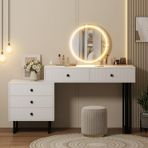 Vanity Desk with Mirror and Lights, 5-Drawer Makeup Vanity, 3-Color LED, Adjustable Brightness, Modern Dressing Table Organizer for Bedroom, White