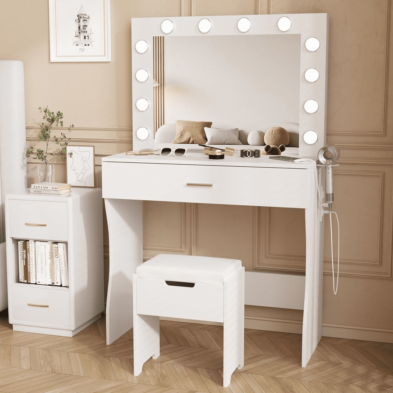 Vanity Desk with Mirror and Lights Adjustable Brightness White Vanity