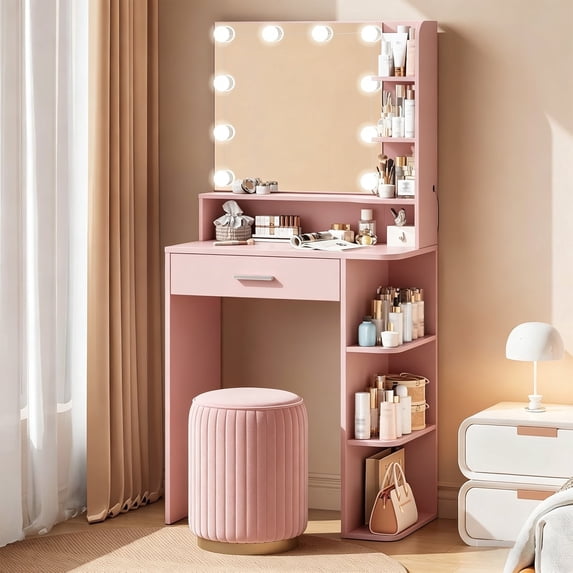 Vanity Desk with Mirror and Lights, Akaber 26.4" Makeup Vanity with Large Drawer, 6 Storage Levels, Small Pink Vanity Desk with Large LED Mirror