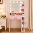 thumbnail image 1 of Vanity Desk with Mirror and Lights, Akaber 26.4" Makeup Vanity with Large Drawer, 6 Storage Levels, Small Pink Vanity Desk with Large LED Mirror, 1 of 8