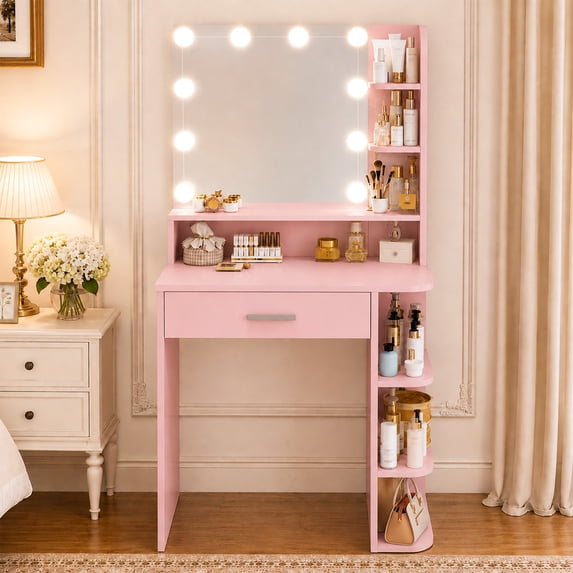Vanity Desk with Mirror and Lights, Akaber 26.4" Makeup Vanity with Large Drawer, 6 Storage Levels, Small Pink Vanity Desk with Large LED Mirror