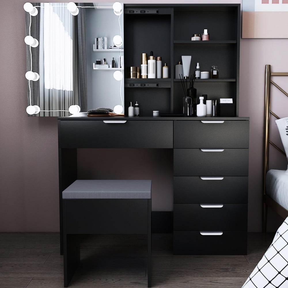 Vanity Desk with Mirror and Lights, Dressing Table with Large Drawer
