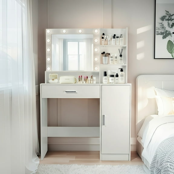 Vanity Desk with Mirror and Lights, Makeup Dresser with Drawer & Storage Cabinet, 3 Lighting Modes Adjustable Brightness