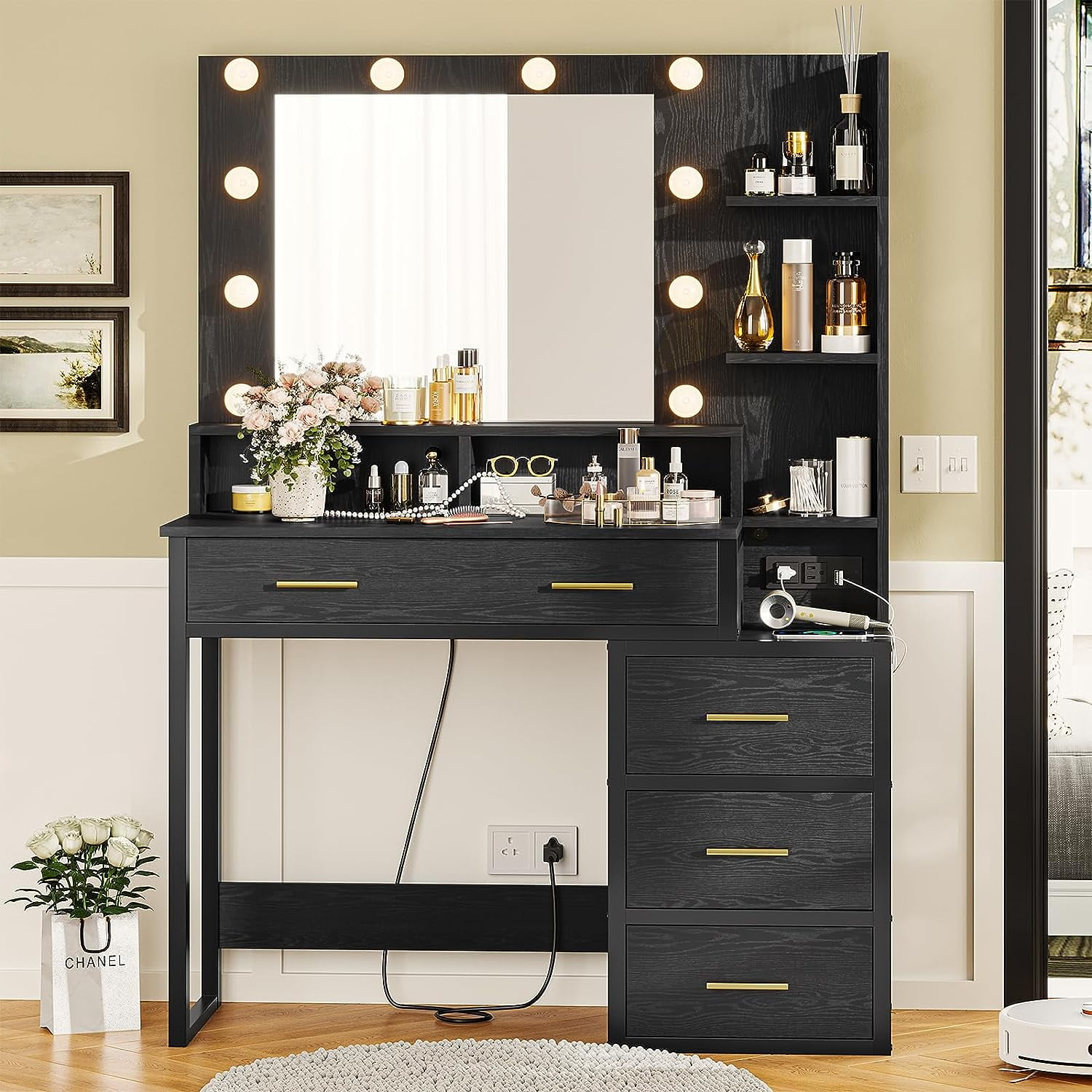 Vanity Desk with Mirror and Lights,Makeup Table with 5 Drawers and  Shelves,Makeup Vanity with Lights and Charging Station,Black