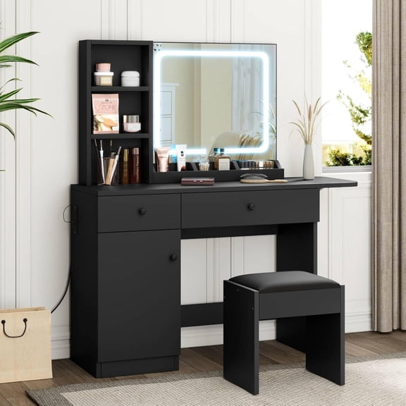 Vanity Desk with Mirror and Lights, Makeup Vanity with 2 Drawers & 2 Shelves, 3 Lighting Modes Adjustable Brightness, Bedroom Dressing Table black