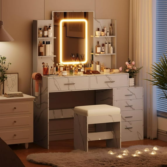 Vanity Desk with Mirror and Lights - Makeup Vanity with Charging Station - 3 Lighting Color Adjustable 6 Drawers and Shelves - Marble White