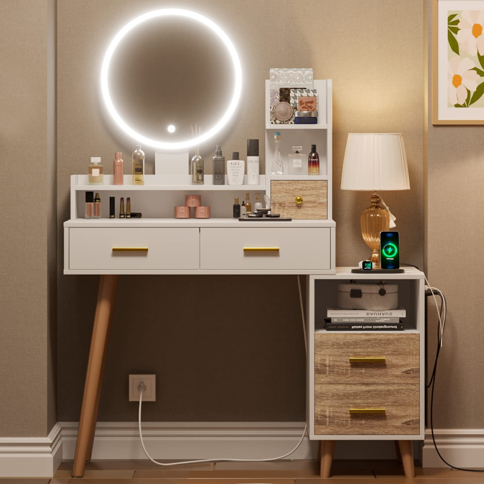 Vanity Desk with Mirror and Lights,Makeup Vanity with Charging Station