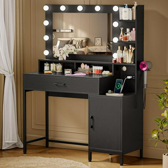 Vanity Desk with Mirror and Lights, Makeup Vanity with Storage Drawer, Power Outlet and Large Cabinet for Bedroom - Black